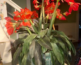 Large vessel with faux amaryllis 