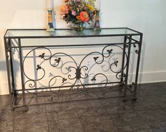  Heavy Wrought Iron console table with glass top