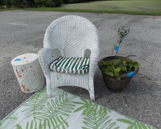 Wicker chair, flower pot, round garden stand needs paint