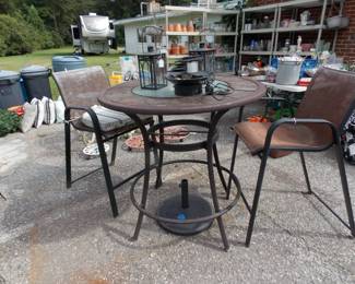 High Top table with 2 chairs, umbrella stand