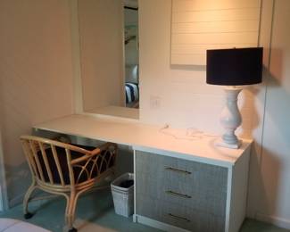 Built-in desk; rattan rolling chair