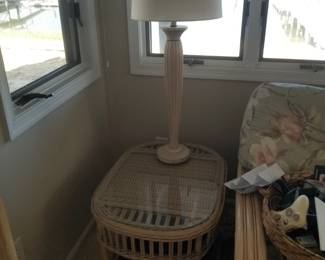 Rattan end table; table lamp