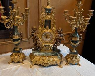 Vintage Imperial Brevettato Ornate Franz Hermle Bronze/Marble 3 pc mantel clock set