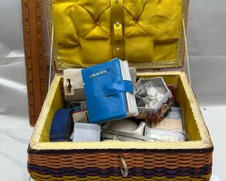 Wicker Sewing Box and Contents $10.00