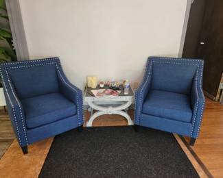 2 Blue Accent Chairs with Nailhead Trim.
Great Condition!
28 1/2 inches wide x 34 1/2 inches deep x 34 inches tall.
$200 for the pair ($390 new)