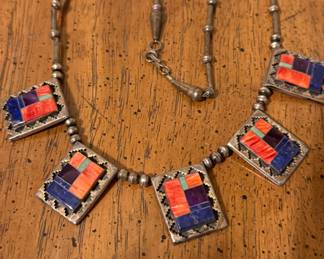 Fine Navajo sterling inlaid necklace made by Teme.