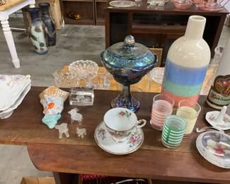 Indiana Harvest Grape Iridescent Blue Carnival Glass Candy Dish - Royal Crown Cup & Saucer Set