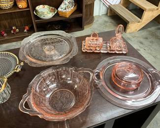 Pink Glass Items - Indiana Glass Cake Plate Madrid Pattern - Jeanette Depression Glass Bowl - Art Deco 1930 Vanity Set - Depression Glass Cheese Platter