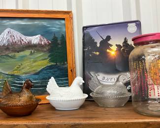  Amber Glass & White Milk Glass & Clear Glass Hens on Nests