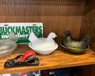 White Milk Glass Hen on Nest - Olive Green Glass Hen on Nest - Stanley Adjustable Block Plane
