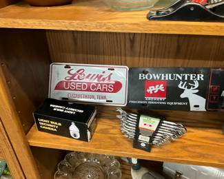 Assorted Metal License Plate Signs - Light Bulb Security Camera - Pittsburgh Wrench Set