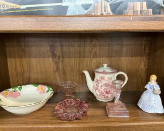 Franciscan Desert Rose Serving Bowl - Pink Jeanette Glass Sherbert Cup - Pink Boopie Bubble Glass Trinket Dish - Red Transferware Teapot - Pink Glass Candle Stick Holder - Girl Figurine Pomander 