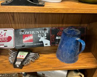 Assorted Metal License Plate Signs - Pittsburgh Wrench Set - Blue Enamelware Coffee Pot