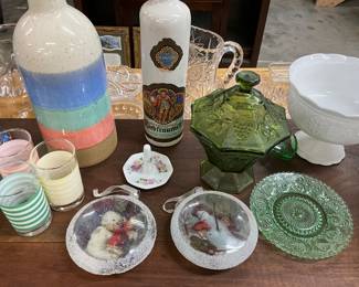 Vintage Christmas Flat Ball Glove Christmas Ornaments - Anchor Hocking harvest Grape Green Candy Dish - Tiara Indiana Chantilly Green Glass Plate