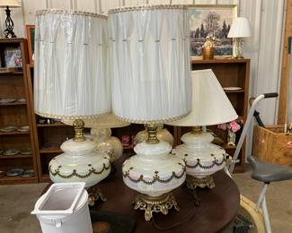 Mid Century Hollywood Regency Iridescent White Table Lamps
