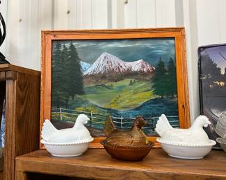 White Milk Glass & Amber Glass Hens on Nests