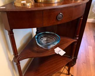 Signed Glass Tornado Bowl , Wooden Side Table