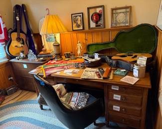 Wooden Desk, Office Chair, Guitars, Decorative Lamp, Throw Blankets