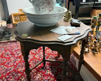 Wooden Side Table, Ceramic Pitcher