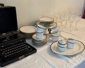 1930s Royal portable typewriter with case in very good condition seen with service for 8 Noritake "Gilded Age" (1996 - 2005) dinnerware