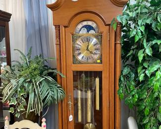 Grandfather Clock, Vintage Ladder-Back Woven Reed Side Chair, Silk Plants