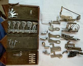 Antique/Vintage Sewing Machine Parts in Wooden Puzzle Box