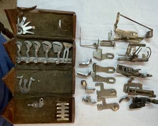 Antique/Vintage Sewing Machine Parts in Wooden Puzzle Box