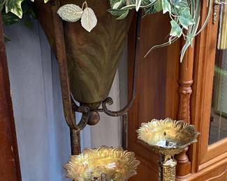 Pair of Antique Gothic Altar Candlesticks, Silk Plants in Oversized Planter Urn