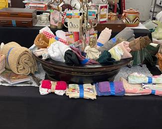 Assorted Fabric, Vintage Oversized Wooden Bread Bowl, Assorted Woven Baskets