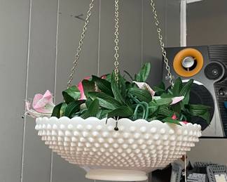 Fenton Milk Glass Hobnail Hanging Vase, Handcrafted Dolls