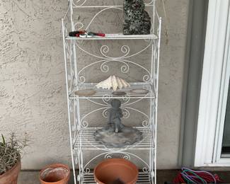 Four high white metal garden outdoor patio shelf, nice designs in the metal at each level