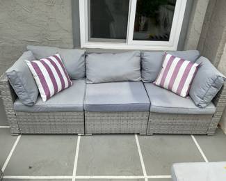 Grey woven patio sofa in three pieces, cushions can be covered with any color fabric to refresh