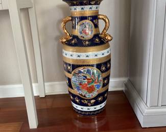 Tall gold and blue Asian influence handled vase