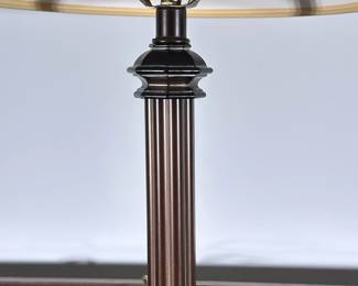 Bronze Column Table Lamp | Vintage-inspired metal/brass column table lamp with beige lampshade. - h. 23 x w. 10 in