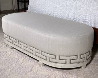 Revival Home "South Beach" Oval Bench | Revival Home (Chattanooga, Tennessee) "South Beach" upholstered oval bench with nail head trim in a Greek Key pattern. - h. 18 x w. 27 x l. 58 in