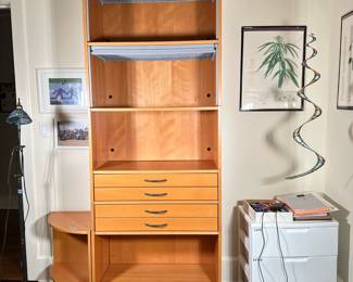 Swedish Style Bookshelf/Cabinet | Swedish-style bookshelf/cabinet unit with four narrow drawers, four shelves, and gray pull-down screens concealing the top two shelves. - h. 86.5 x w. 33 x d. 16.5 in