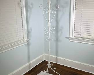 White-Painted Iron Coat Rack | Vintage white-painted metal/iron coat rack with a tall, slender frame and elegant scrollwork, offering multiple hooks for hanging items. - h. 70 x w. 18 in