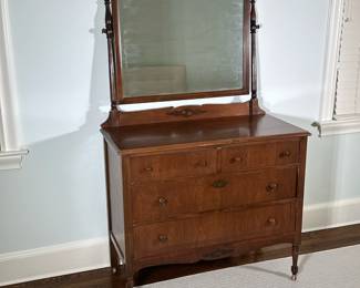French Provincial Style Dressing Table/Mirror | Antique French Provincial style walnut dressing table, featuring four dovetail drawers, a large tilting (detachable) mirror, and painted rose decals on the drawer front and above/below the mirror. Mirror Detaches. - h. 68 x w. 40.5 x d. 20 in