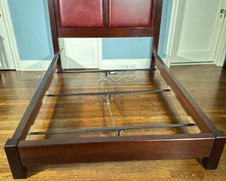 Leather Headboard/Bed - Queen-Sized by John Widdicomb | Queen-sized bed featuring a deep red/burgundy leather-upholstered two-paneled headboard, along with matching footboard and side rails. Base height: h. 14" - h. 53 x w. 65.5 x l. 87 in