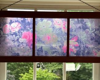 Custom Window/Frame Art | Custom window/frame art with decorative film, featuring vintage-style peonies in a faded, distressed design. - h. 13.5 x w. 30.5 x d. 1 in