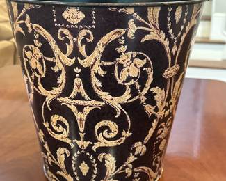 Decorative Metal Bucket | Decorative metal bucket with a curved handle, featuring gold floral and scroll motifs against a dark background for a regal look. Top: w. 11" - h. 11 x w. 8 in