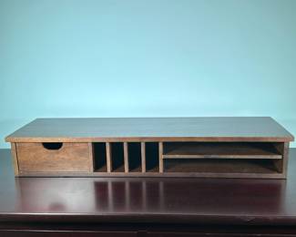 Wooden Desk or Bureau Organizer/Letter Tray | Vintage (mid 20th century) wooden desk organizer/letter tray, with small drawer, vertical compartments for mail and horizontal compartments for papers. - h. 5.25 x w. 34 x d. 10 in