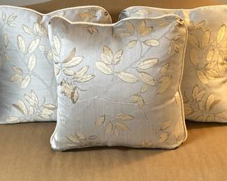 (3pc) Throw Pillows - Gold Leaves | Three custom-made light blue silk throw pillows featuring a shiny gold leaf-and-branch pattern and removable zippered covers. - h. 17 x w. 17 in
