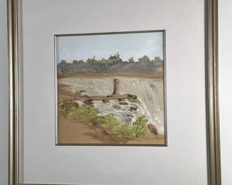 George Wallis (English, 1811-1891) Watercolor - "The Falls of Niagara from Goat Island" | Niagara Falls, looking towards Terrapin Tower on the American side and including the Canadian Horseshoe Falls and the Canadian town of Niagara Falls in the background. Watercolor on paper. Framed in gold frame and matted. Signed by artist in bottom left: "G.W." - h. 26 x w. 26 in