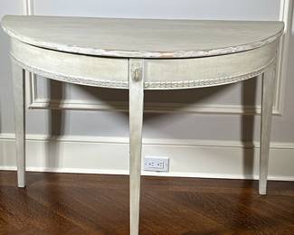 Neoclassical Style Demilune Table - 2/2 | Antique (19th century) Swedish/Baltic Neoclassical style white-painted demilune consoles, with square tapering channelled legs topped by detailed motif panels. Lot 80 and 81 tables can connect to make a round table - h. 30 x w. 45 x d. 23 in