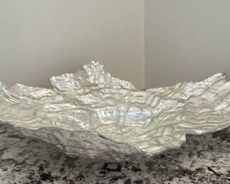 Iridescent Art Glass Bowl - Large 1/2 | Vintage (late 20th century) large-sized iridescent art glass oyster-shaped centerpiece shallow bowl, made in Turkey. - h. 4 x w. 17 x d. 14 in