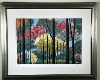 Hal Lasko (American, 1915-2014) Digital Painting - "Looking Up" | View through the trees on an autumn day, by Hal Lasko, also known as "The Pixel Painter," as he was legally blind and created art quite literally, pixel by pixel. "Pixel Art" digital painting on Microsoft. Paint/Windows 95. Framed in silver frame and matted . Signed by artist: lower right "hal" . Numbered: lower right“7/13” . Sight: h. 13.5" x w. 18.5" - h. 21.5 x w. 26.5 in (Frame)