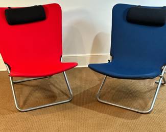 (2pc) Folding Lounge/Camping Chairs | Modern space-saving folding lounge chairs for camping, tailgating, the beach, etc. in red and blue. - h. 31 x w. 29 x d. 34 in