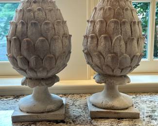 (2pc) Artichoke-Shaped Finials - 2/2 | Pair of artichoke-shaped finials, which could be used as bookends, decorative display pieces, or garden accessories. Set 2/2 - h. 14 x w. 7 in