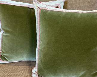 (2pc) Throw Pillows - Green Velvet 1/2 | Two square reversible throw pillows with green velvet fabric and white trim, with solid green velvet fabric (no trim) on the backside. Set 1/2 - h. 16 x w. 16 in